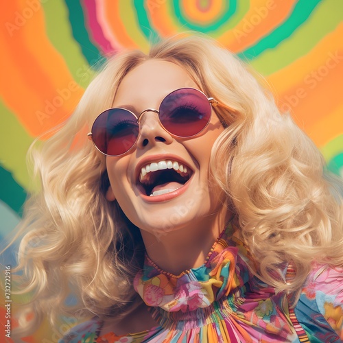 woman exuding happiness, dressed in colorful and psychedelic 1970s fashion