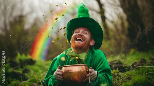 Greedy Leprechaun Smiling Laughing At Having Riches With Rainbow Mountains Background (Generative AI) photo