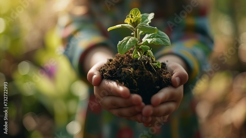 Child Holding a Young Plant with Soil in Sunlit Garden