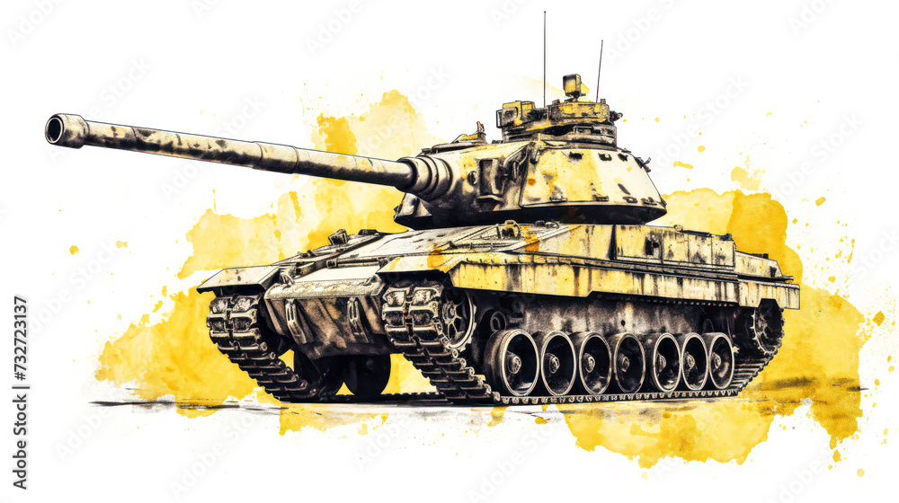 A striking watercolor sketch of a tank with yellow gray lines