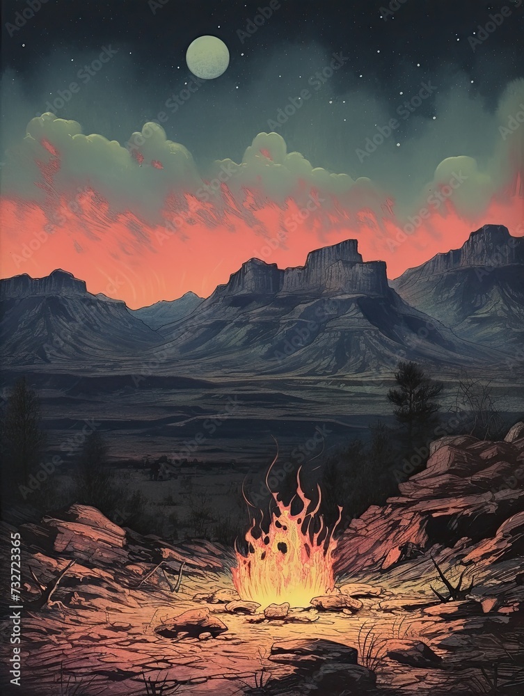Campfires Glow: Vintage Midnight Print of a Desert Night Landscape