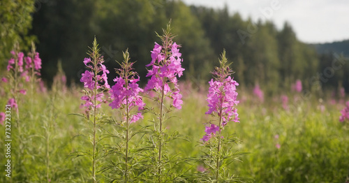 A vibrant fireweed flower blooms in a summer meadow  adding a touch of romance to the natural environment.