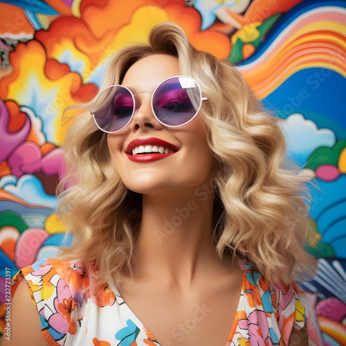 woman exuding happiness, dressed in colorful and psychedelic 1970s fashion