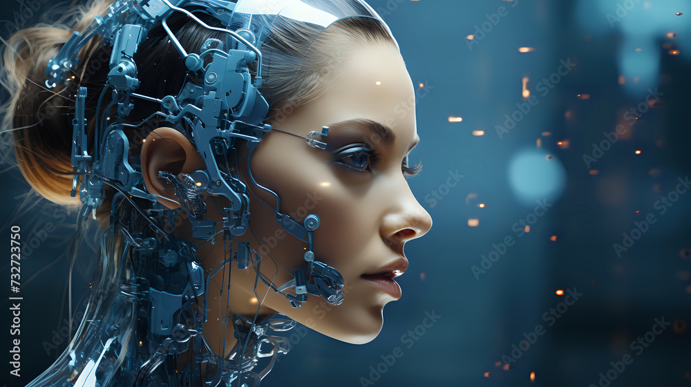 Futuristic Cyborg Woman with Technological Detail
This striking image of a cyborg woman showcases the blend of human features with advanced robotics, ideal for concepts of AI, the future of technolog Futuristic Cyborg Woman with Technological Detail
This striking image of a cyborg woman showcases the blend of human features with advanced robotics, ideal for concepts of AI, the future of technolog