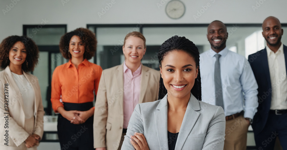 A diverse and happy group of employees stands confidently in the office, embodying teamwork and success. A diverse and happy group of employees stands confidently in the office, embodying teamwork and success.