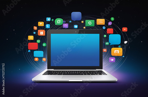 Virtual internet concept with laptop and icons of social networks, online services, social media, e-mail, e-shop, cloud, computing, music