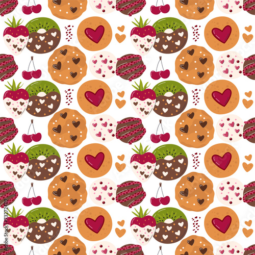 Full of sweet treats repeated cute gift paper isolated on white. Lovely pastry and baked dessert seamless pattern concept design. Valentine's Day food background hand drawn flat vector illustration