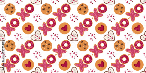 Sweet treats seamless pattern horizontal concept design isolated. Xo-xo donuts, coffee cookie and gingerbread cookie with tic tac toe glaze. Valentine's dessert hand drawn flat vector illustration
