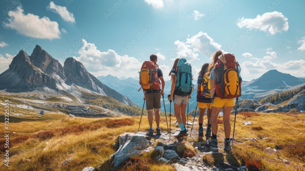 A group of friends on a hiking adventure, panoramic mountain views, capturing the spirit of friendship and exploration. Resplendent. - obrazy, fototapety, plakaty 