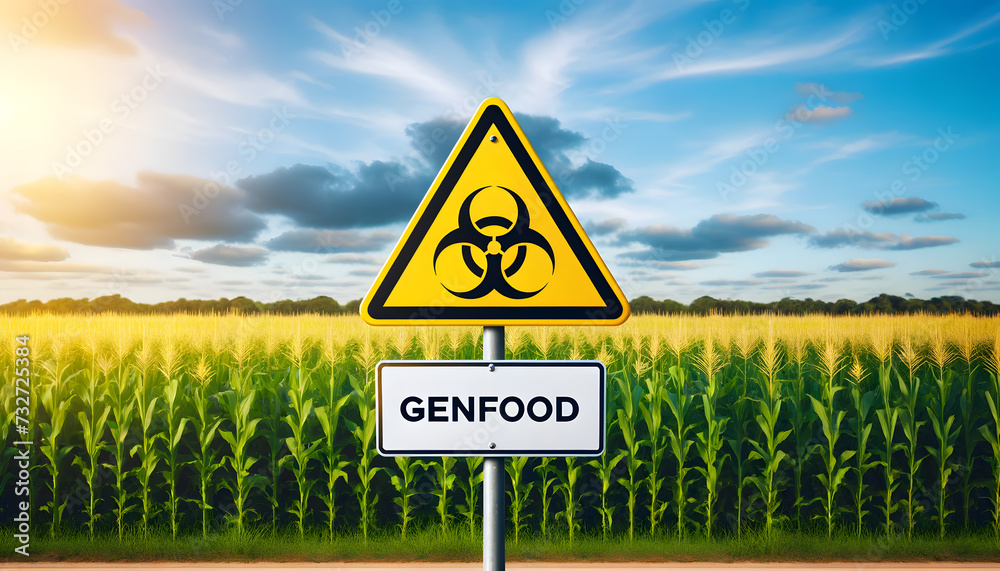 Genfood sign in front of a field. GMO, modified crops, biotechnology and