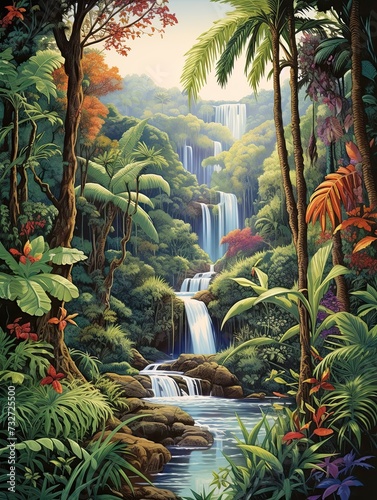 Cascading Waterfall: Tropical Oasis Landscape Art with Jungle Print
