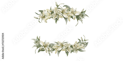 фотографія Watercolor floral rectangular torn frame of white lilies isolated on white background