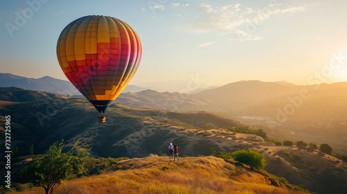 Hot Air Balloon Floating Above Rolling Hills with a Couple Enjoying the Scenic View at Sunset