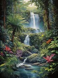 Cascading Waterfall | Tropical Oasis Art: Nature Landscape in a Jungle Print