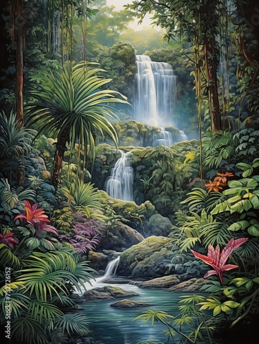 Cascading Waterfall   Tropical Oasis Art  Nature Landscape in a Jungle Print