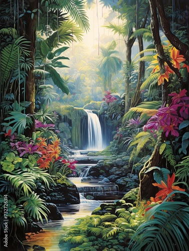 Jungle Prints  Tropical Oasis Art - Cascading Waterfall Nature Landscape