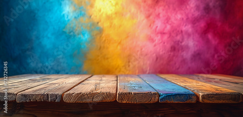 empty wooden table against a colorful defocused wall. advertising,product presentation