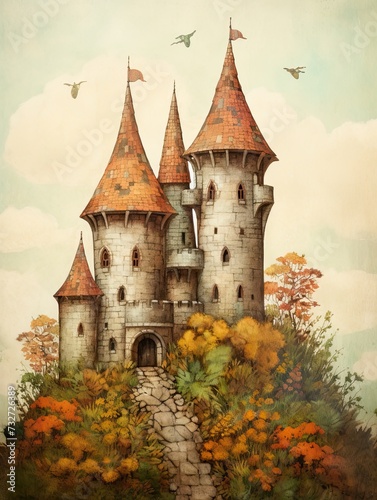 Castle Wall Art: Majestic Turrets in a Vintage Fairytale Landscape
