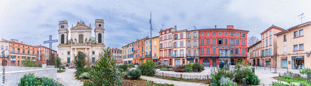 Panoramic view of the Notre Dame de Montauban cathedral square, in Occitanie, France Panoramic view of the Notre Dame de Montauban cathedral square, in Occitanie, France