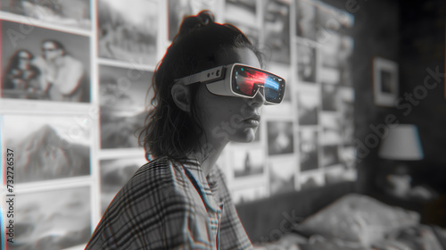Monochrome Image of a Young Adult Experiencing Virtual Reality - Futuristic Entertainment Concept, AR, VR photo