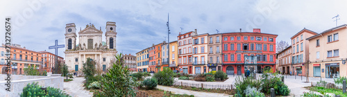 Panoramic view of the Notre Dame de Montauban cathedral square, in Occitanie, France