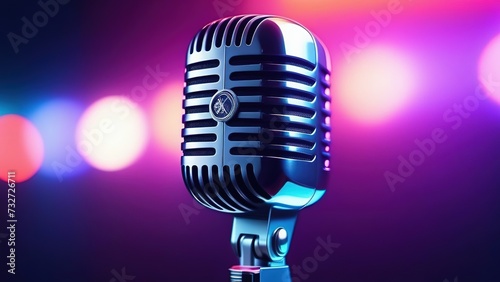 Microphone close-up, neon blue color in the background, Microphone on a blurred background of the club with,A banner template for a karaoke club.
