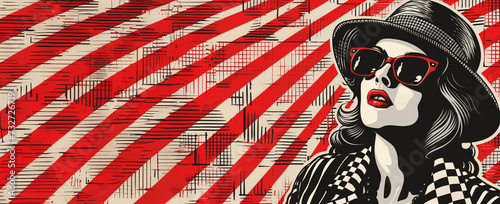 2 tone ska girl, fan de ce style musical anglais des années 70 avec des vêtements à carreaux. Sur fond rayé rouge et blanc, avec espace négatif pour texte copyspace