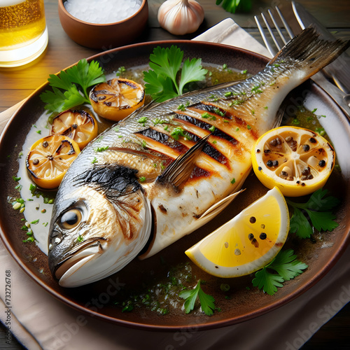 Grilled branzino in a plate close up view