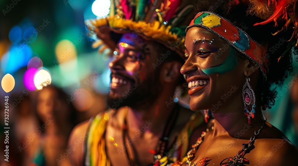 Colorful Night Celebration with Individuals in Vibrant Costumes and Accessories Colorful Night Celebration with Individuals in Vibrant Costumes and Accessories