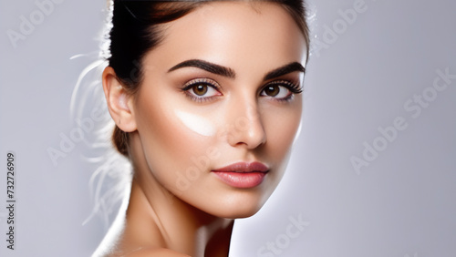 Portrait of a girl on a gray background, concept for cosmetics, face cream, spa, health advertising, personal care, copy space