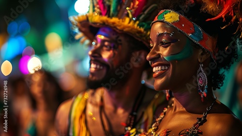 Colorful Night Celebration with Individuals in Vibrant Costumes and Accessories