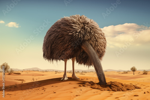 An ostrich hide his head into the sand dune with Australian desert at background. Illustration of a phrase: 