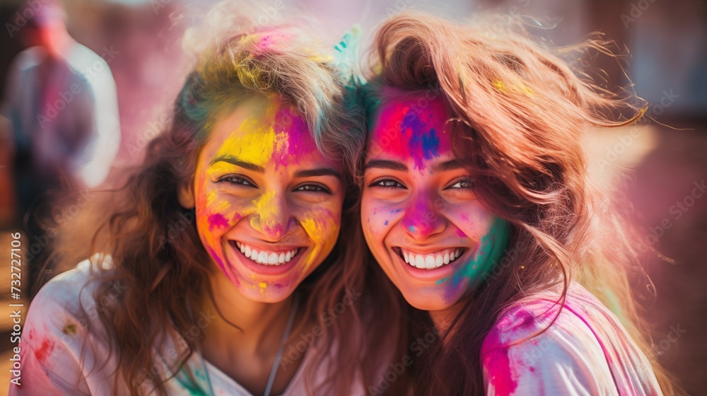 Obraz premium Girls at holi festival having fun with colorful powder
