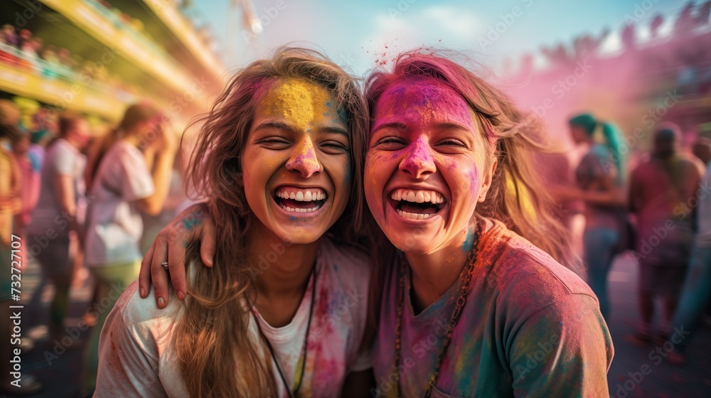 Girls at holi festival having fun with colorful powder Girls at holi festival having fun with colorful powder