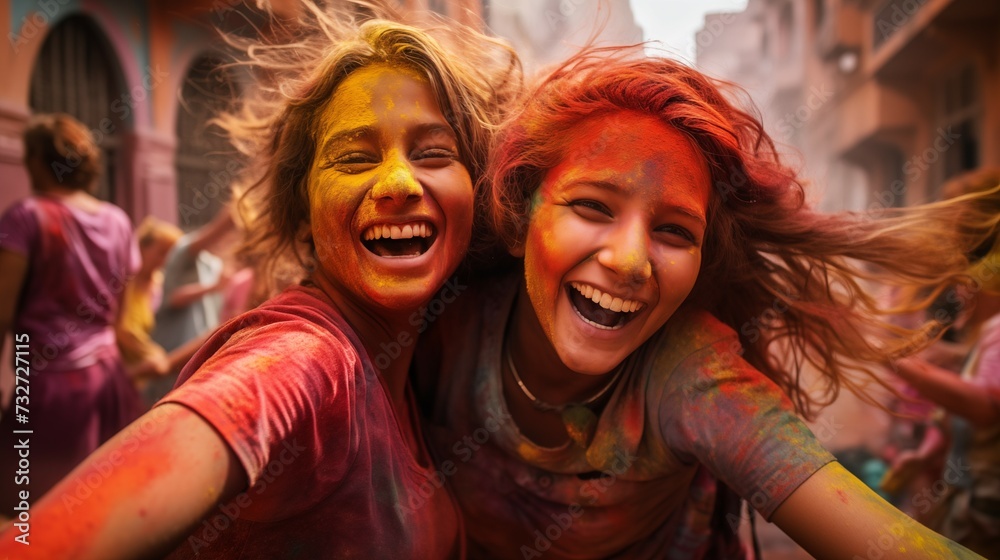 Girls at holi festival having fun with colorful powder Girls at holi festival having fun with colorful powder