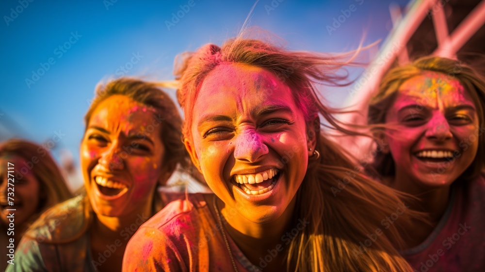 Girls at holi festival having fun with colorful powder