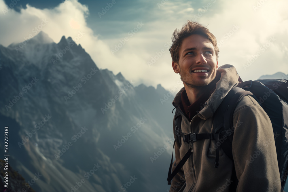 Smiling man with backpack stands on the top of mountain with beautiful rocky area at background, watching up. Closeup portrait
Smiling man with backpack stands on the top of mountain with beautiful rocky area at background, watching up. Closeup portrait