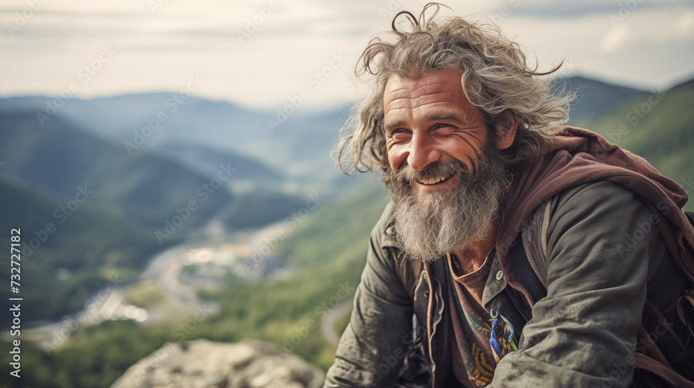 Closeup photography of homeless smiling man on the top of mountain with rocky area at background. Traveler takes a rest after climbing a mountain.