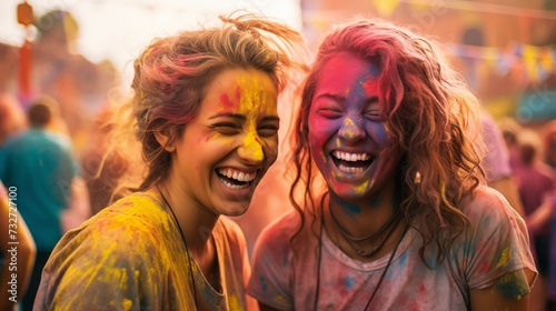 Girls at holi festival having fun with colorful powder © Meta