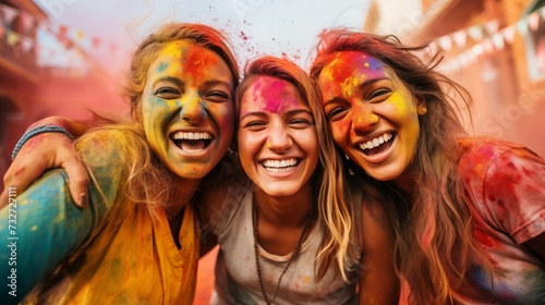 Girls at holi festival having fun with colorful powder