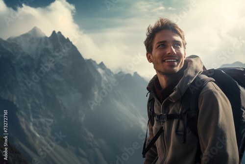 Smiling man with backpack stands on the top of mountain with beautiful rocky area at background, watching up. Closeup portrait  © vellot