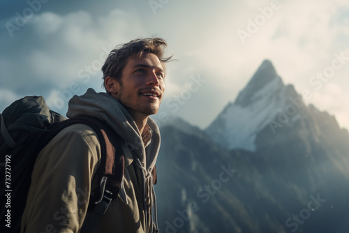 Smiling man with backpack stands on the top of mountain with beautiful rocky area at background. Closeup portrait of guy travelling by foot. photo
