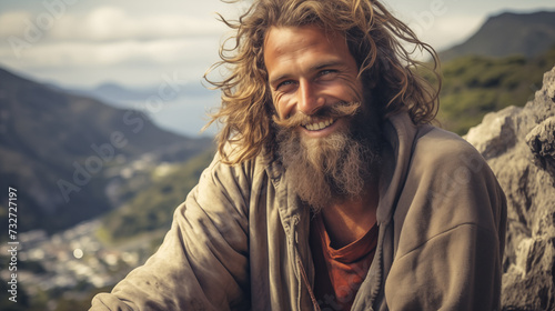 Closeup photography of homeless smiling man on the top of mountain with rocky area at background. Traveler takes a rest after climbing a mountain.