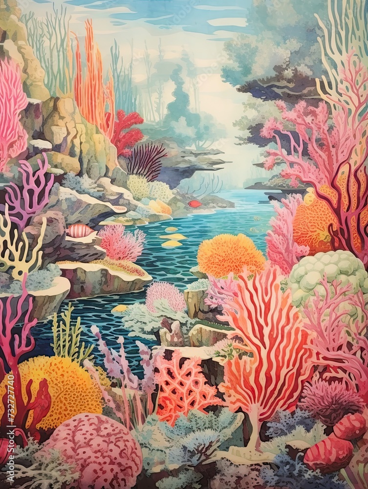 Coral Reef Art Print: Vibrant Explorations of a Vintage Seascape Scene