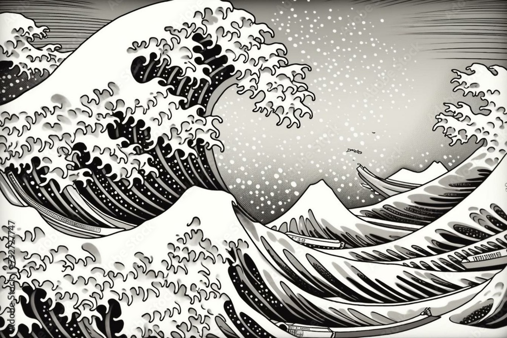A coloring page depicting Hokusai's famous artwork: The Great Wave of Kanagawa. Generative AI