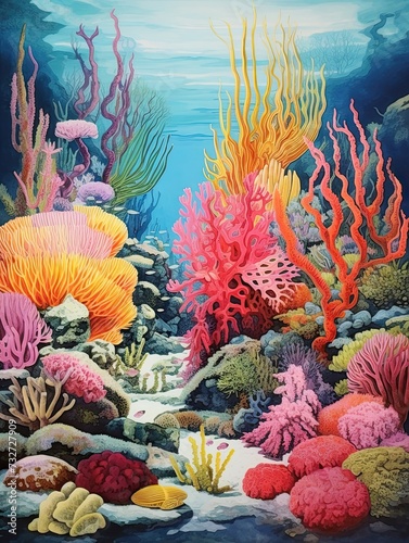 Vintage Ocean Wall Decor: Vibrant Explorations in Coral Reef Nature Scene