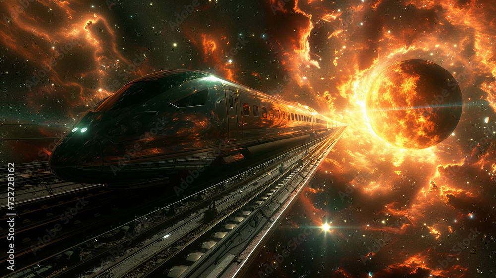 A concept of a high speed train traversing the celestial expanses of the cosmos in a dramatic backdrop, rich in detail