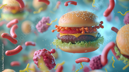 A 3D illustration showcasing the interaction between helpful bacteria and a delectable hamburger, in an innovative manner photo