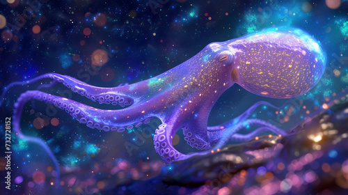 A colossal giant squid navigating gently through a glowing galaxy in a utopian, futuristic cosmos setting
