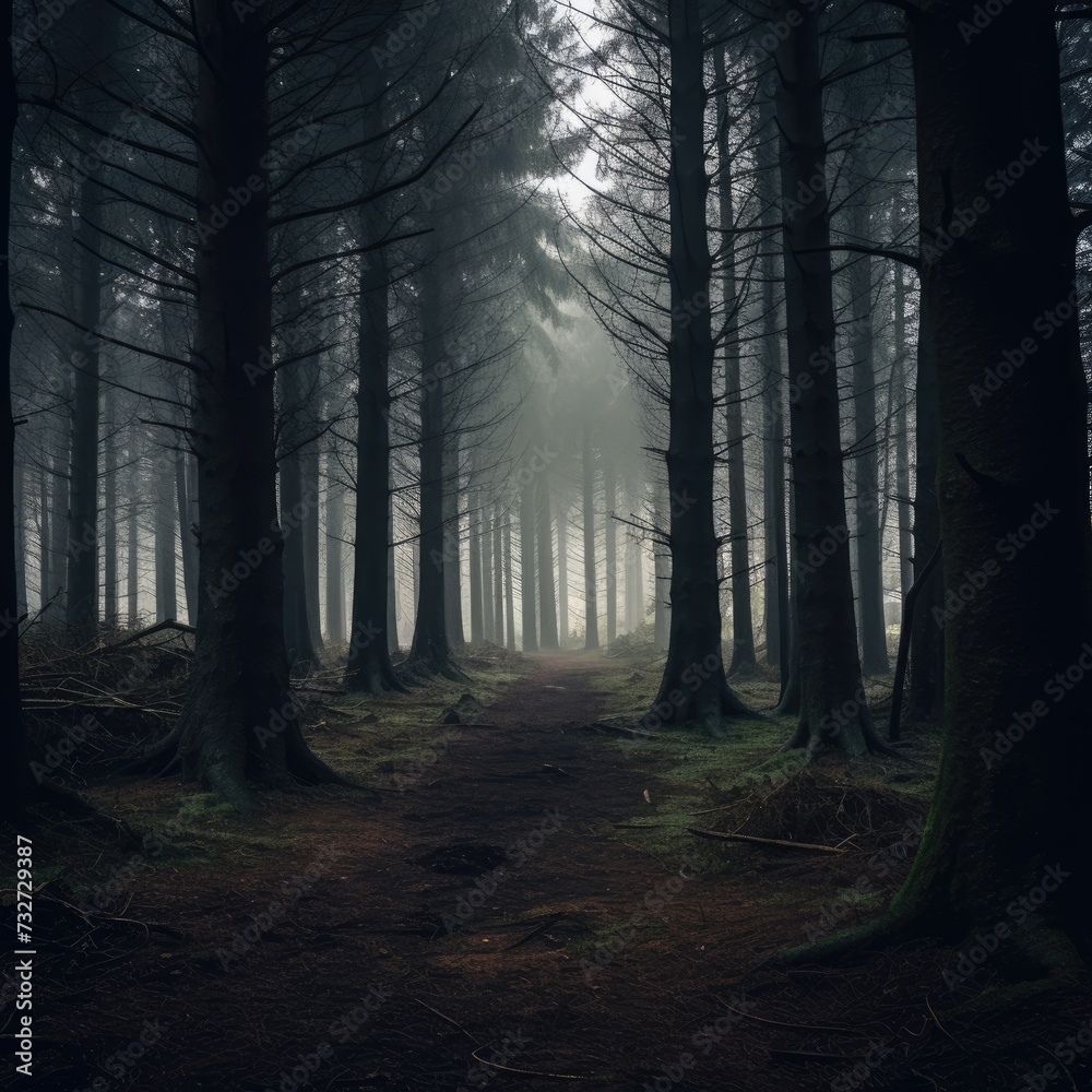 Dark forest in autumn fog Dark forest in autumn fog